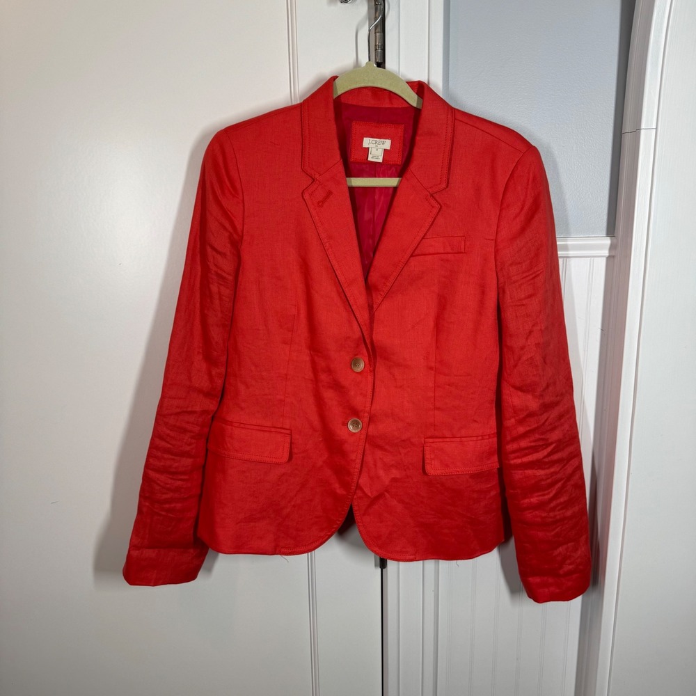 J. Crew Blazer Womens 12 Orange Red 100% Linen Two Button Lined Style 37358